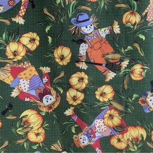Fall Fabric Tablecloth Rectangle Green Patchwork Scarecrow Pumpkin Bird 117x 69"